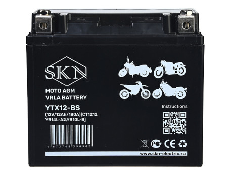 Аккумулятор для мототехники SKN YTX12-BS (12В/12Ач/AGM)